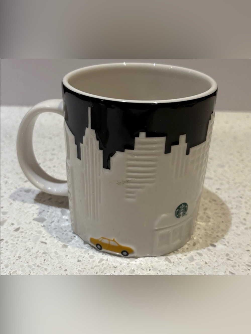 Starbucks White Ceramic Mug with Black Skyline and Yellow Taxi Accent